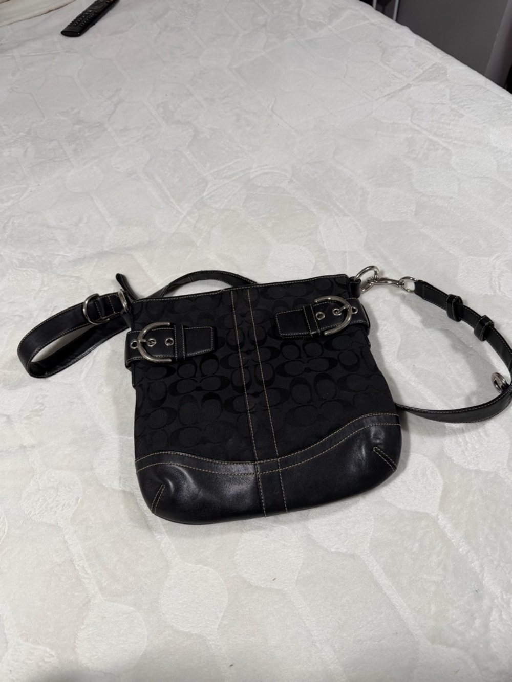 Coach Black Signature Crossbody with Leather Trim and Buckle Detail
